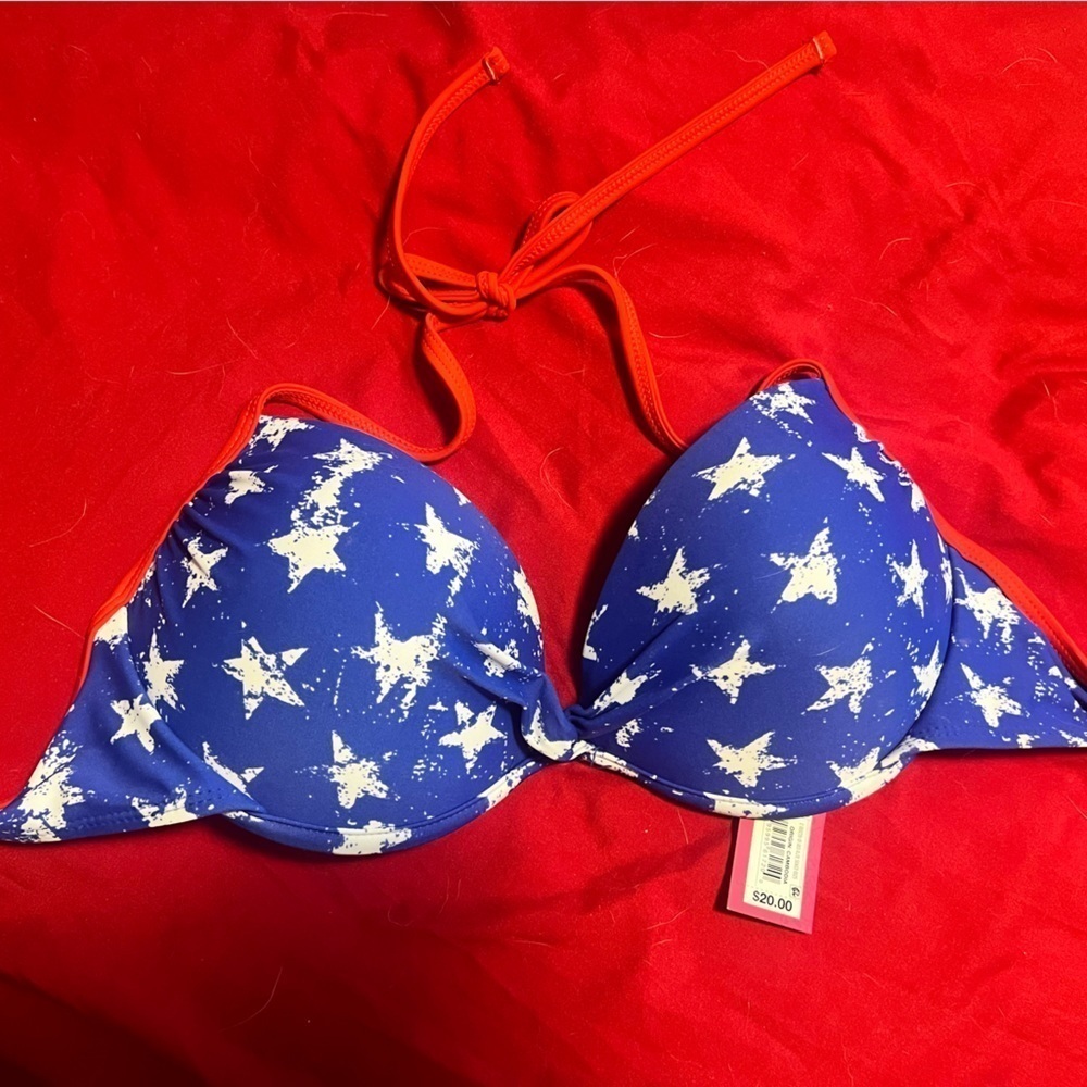 Women's Blue Star Print Bikini Top with Orange Trim
